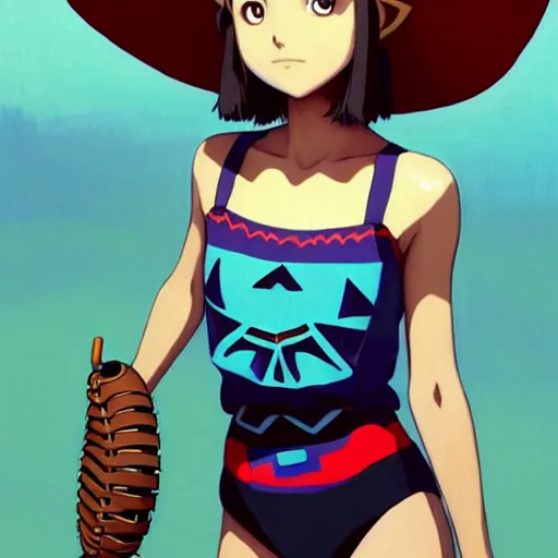 Image similar to beautiful boyish natalie portman gravure model in majora's mask, wearing wooden mask and baseball cap and leotard, street wear with subtle mayan patterns, aztec bathing suit, gapmoe yandere grimdark, trending on pixiv fanbox, painted by greg rutkowski makoto shinkai takashi takeuchi studio ghibli, akihiko yoshida