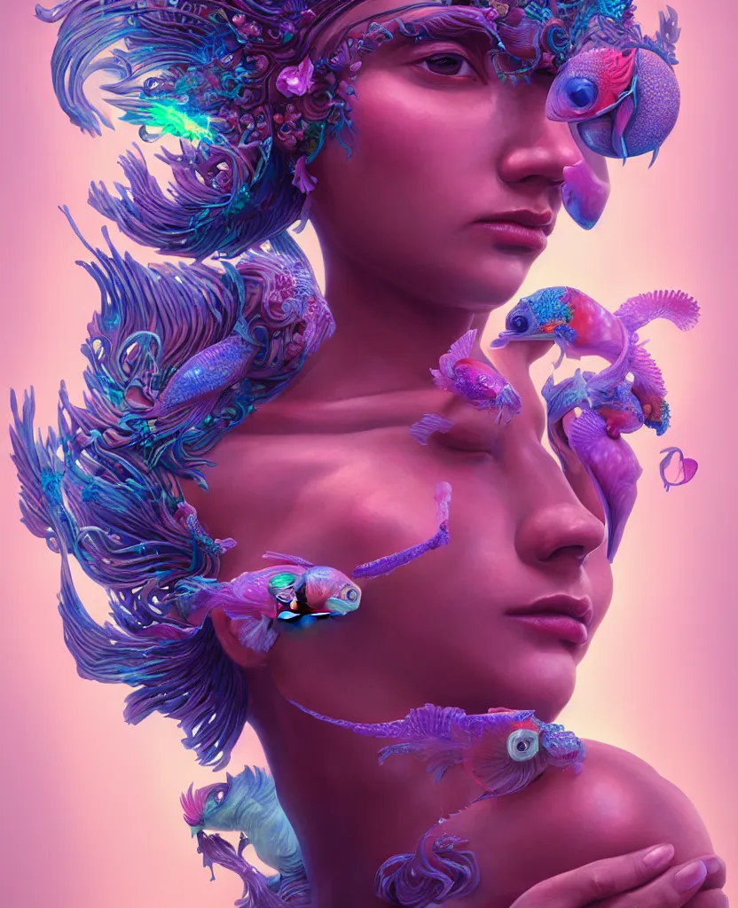 Image similar to goddess full color painted acryllic sculpture close-up portrait. orchid bird phoenix head, nautilus, skull, betta fish, bioluminiscent creatures, intricate artwork by Tooth Wu and wlop and beeple. octane render, trending on artstation, greg rutkowski very coherent symmetrical artwork. cinematic, hyper realism, high detail, octane render, 8k