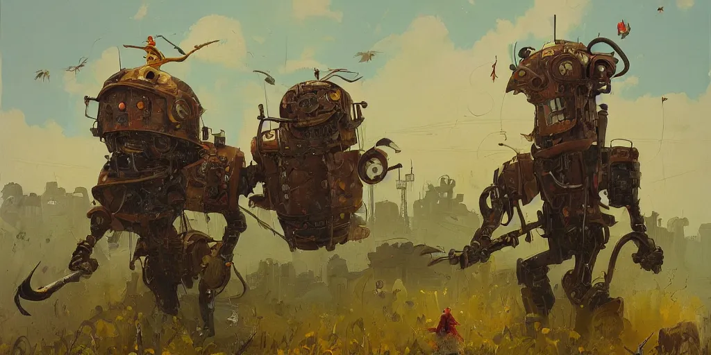 Image similar to a beautiful oil painting with brushstrokes, of an ominous steampunk chicken wearing full body armor and carrying a large scythe, by simon stalenhag, by pascal blanche, by james gurney and beeple. color scheme john berkey.