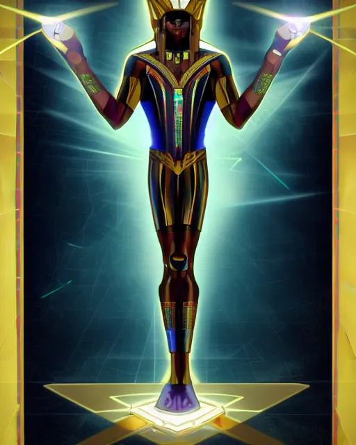 Image similar to symmetry!! egyptian prince holding neon gold scepter of power, solid cube of light, egyptian design, hard edges, product render retro - futuristic poster scifi, lasers and neon circuits, brown skin man egyptian prince, intricate, elegant, highly detailed, digital painting, artstation, concept art, smooth, sharp focus, illustration, dreamlike, art by artgerm