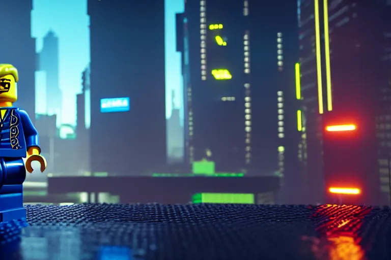 Image similar to a lego man at cyberpunk city. super realistic 8 k render of a elegant, cinematic composition