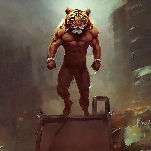 Prompt: shredded physique crisp defined Man Streetfighter Dude wearing Tiger Costume standing atop dumpster greg rutkowski greg danton tony sart raymond swanland chris foss chris cold christophe norman rockwell young acrylic 4k artstation wikiart wikipedia realism tilt-shift