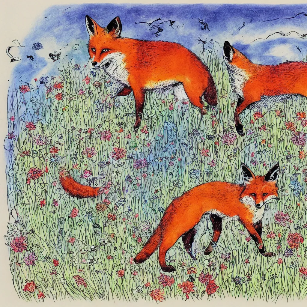 Prompt: fox, by ralph steadman, ink, rainbow, hypertorus, happy accidents, in a symbolic and meaningful style, running through a meadow, full of colorful flowers