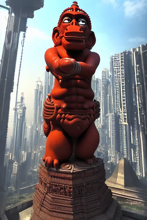 Image similar to high quality 3 d cyberpunk biomorphic hanuman! monument & buildings in mumbai!!, highly detailed, cinematic smooth, berenice abbott & john j. park, soft morning light, wide shot, high angle, uhd 8 k, sharp focus