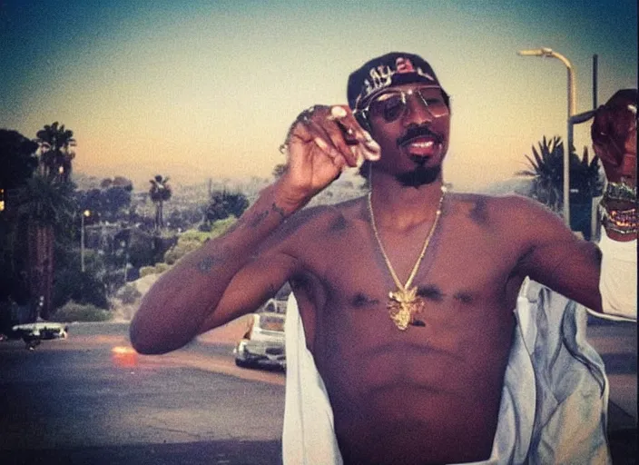 Prompt: “2Pac Happily smoking, Los Angeles background”
