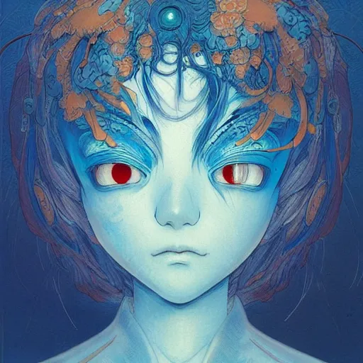 Image similar to prompt : blue portrait soft light painted by james jean and katsuhiro otomo, inspired by evangeleon anime, smooth face feature, intricate oil painting, high detail illustration, sharp high detail, manga and anime 1 9 9 0