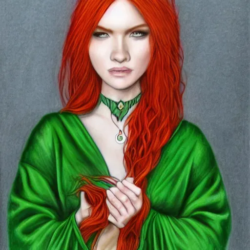 Prompt: full body detailed colored pencil drawing of a beautiful red haired sorceress with a beautiful face, wearing a green magician's robe