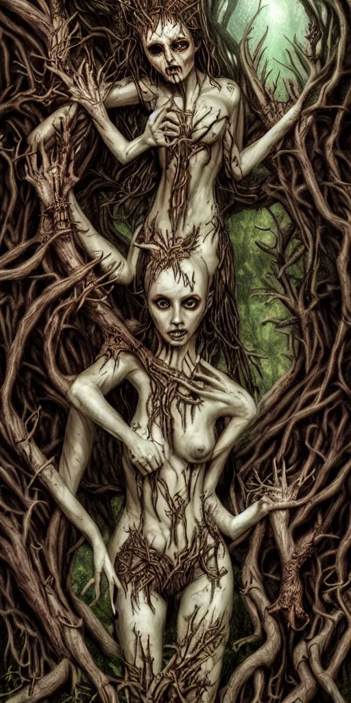 Image similar to dryads, bark skin, detailed fantasy art, dark blood horror, forest of the dead, foul spirits