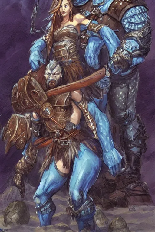 Image similar to a small blue-skinned triton girl wearing scale armor riding on a the shoulders of a large male goliath wearing fur and leather armor, dnd concept art, painting by Larry Elmore and ross tran