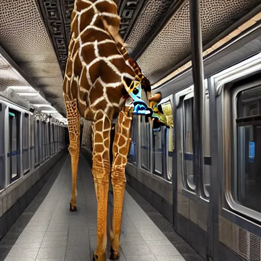 Prompt: giraffe mixed with human hybrid creature, in new york subway station, 4 k hdr 1 0 0 mp camera