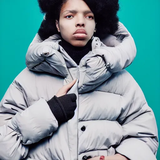 Image similar to realistic! photoshoot for a new balenciaga lookbook, color film photography, portrait of a beautiful woman wearing a puffer jacket, photo in style of tyler mitchell, fisheye lens