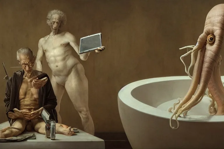 Image similar to hyperrealism aesthetic ridley scott and caravaggio and denis villeneuve style photography of a detailed giant squidward, siting on a detailed ultra huge toilet and scrolling his smartphone in surreal scene from detailed art house movie in style of alejandro jodorowsky and wes anderson