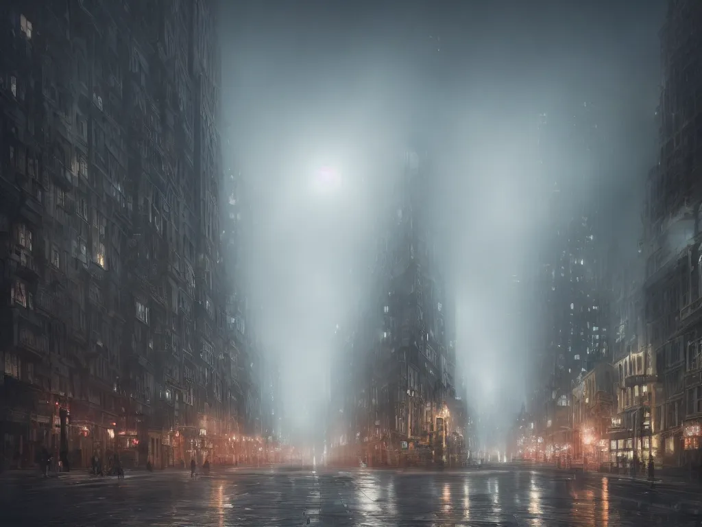 Prompt: hyperrealistic matte painting of a grand and complex city street at night with distorted fog and lights, ground view, ultradetailed, octane, trending on artstation