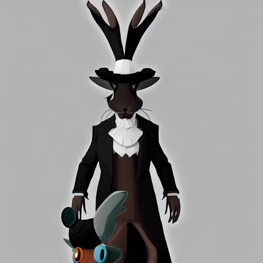 Image similar to anthropomorphic jackrabbit harengon with black skin and white highlights, wearing stylized monk robes and a very wide brimmed black hat, focus on hat, digital art featured on artstation