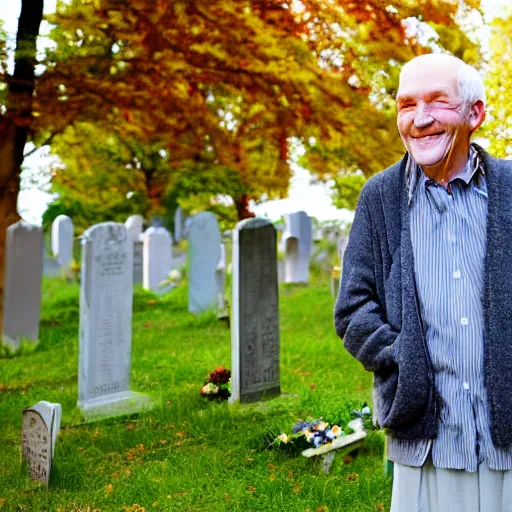 Image similar to a smiling old man in a graveyard