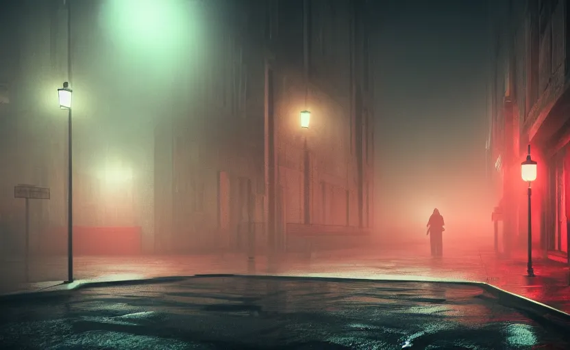Image similar to red night street, gloomy and foggy atmosphere, octane render, artstation trending, horror scene, highly detailded