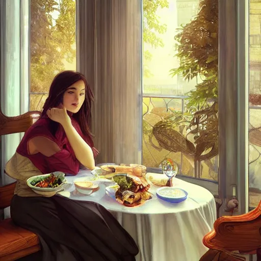 Prompt: a dinner date with the girl next door, slice of life, modern, realistic,!! looking at the camera!!, solo, first person pov, enjoying life!!! elegant, highly detailed, digital painting, artstation, concept art, matte, sharp focus, illustration, art by artgerm and greg rutkowski and alphonse mucha