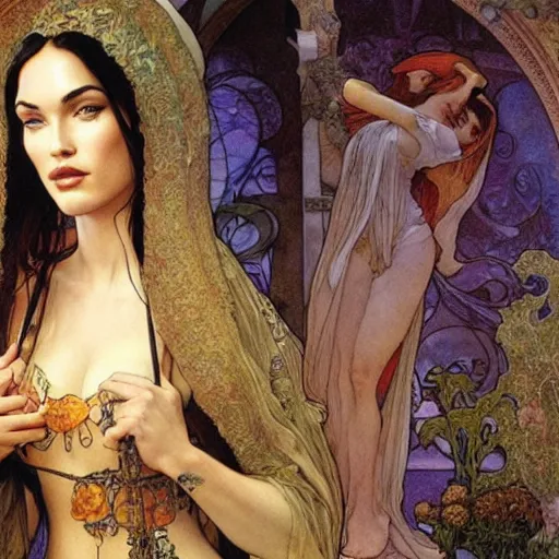 Image similar to Megan Fox, Alfons Maria Mucha