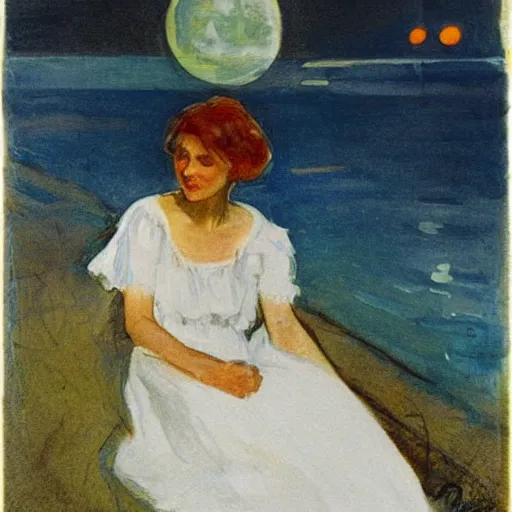 Image similar to a young edwardian woman wearing a white dress, playing guitar in a window at night, the sea and a beach and the moon is visible in the background, in the style of anders zorn