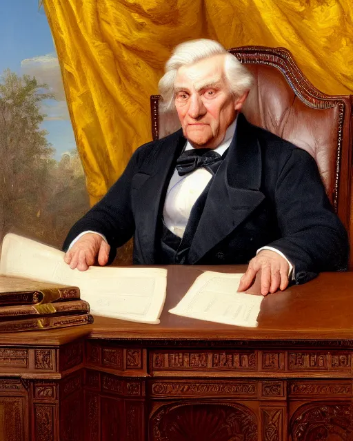 Prompt: facial portrait of the united states president, an ugly 7 8 year old wrinkled man for arizona, resolute desk, 1 8 4 8, oil on canvas by william sidney mount, trending on artstation, national archives