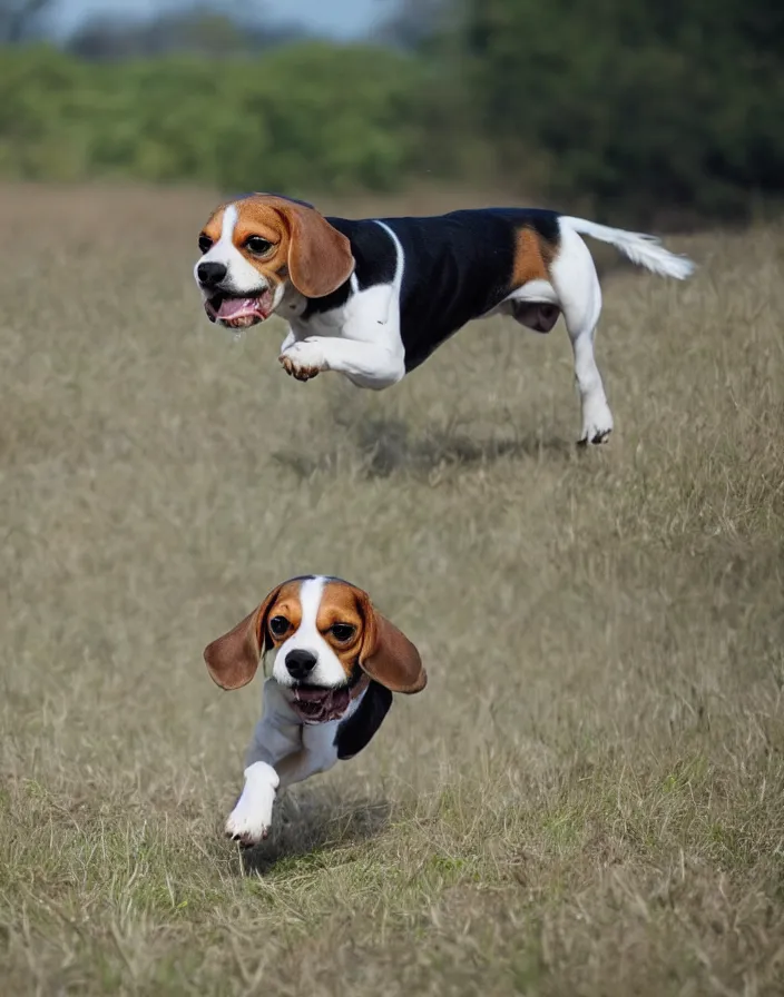 Image similar to a beagle running in a field, matte painting, 8k, depth of field.