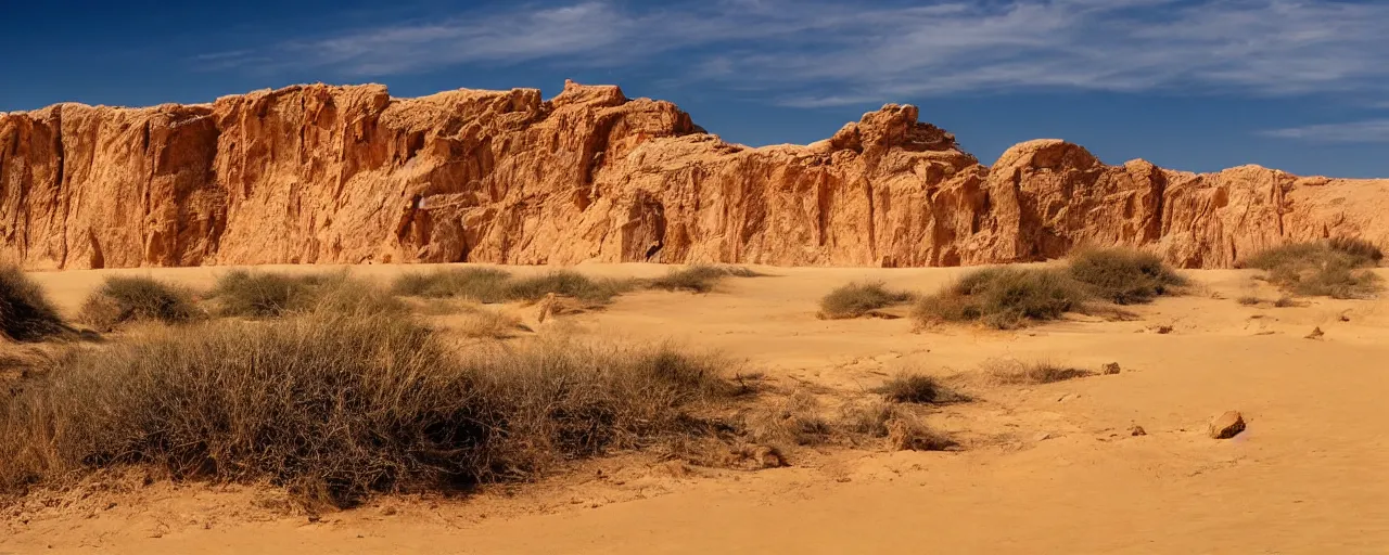 Image similar to great desert landscape with cliffs and sand dunes, warmth, heat, sand, glaring sun, camels, filmic,