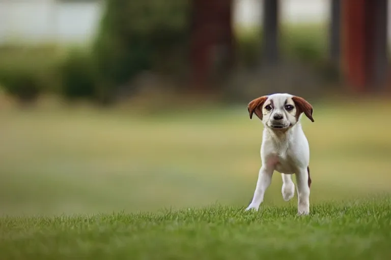 Image similar to out of focus photograph of a puppy in the front yard, cars can be seen traveling across the road, long exposure time, amateur photography, bad composition, bad color grading