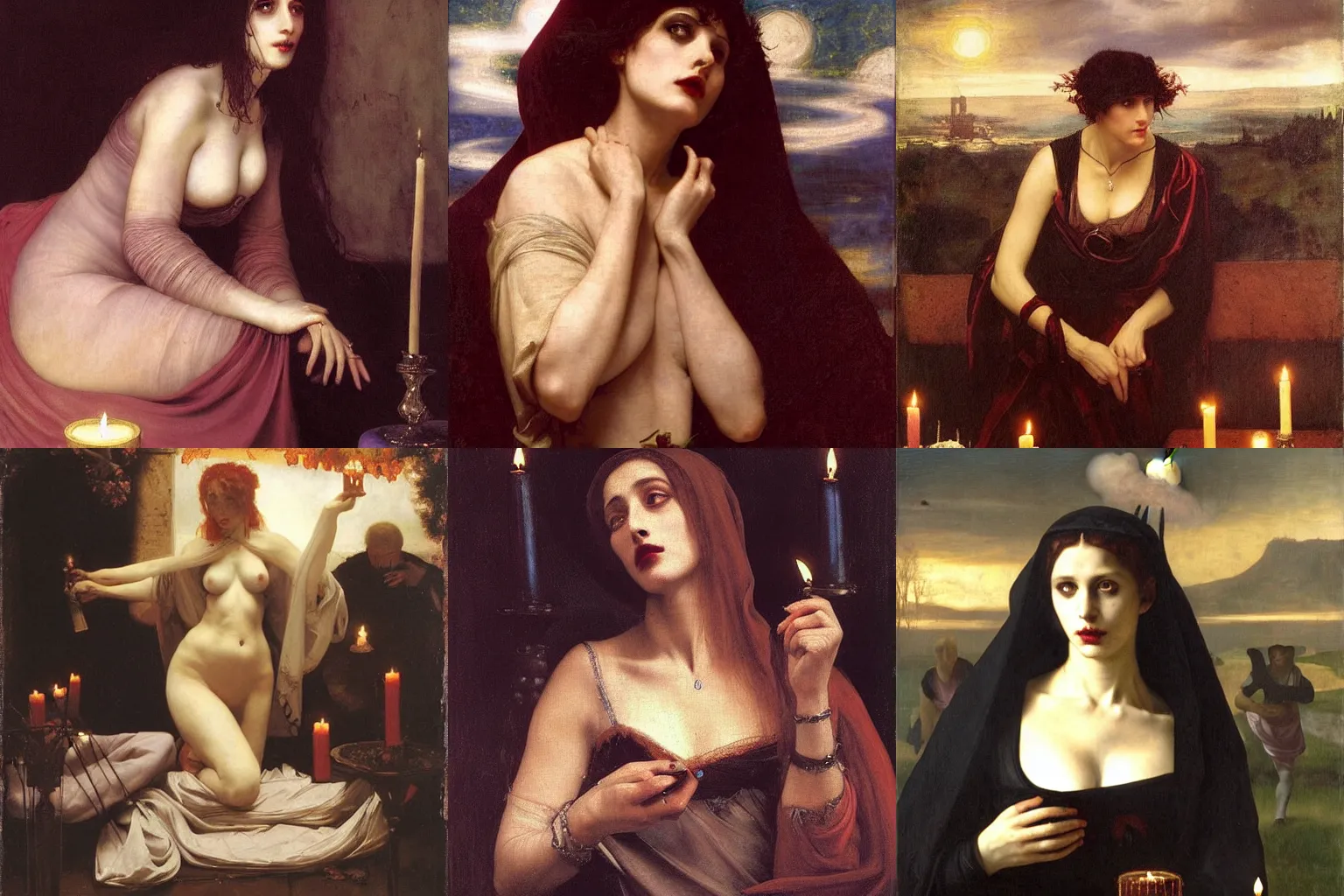 Prompt: a renaissance oil painting by Alma Tadema of Demonic beautiful vampire woman mistress of death mourning widow, body emerging from clouds with a faint smile dark lipstick, ruins in the background, dark lit candles in the foreground, colourful pastel trending artstation, detailed portrait academic caravaggio Bouguereau, sharp focus medium shot