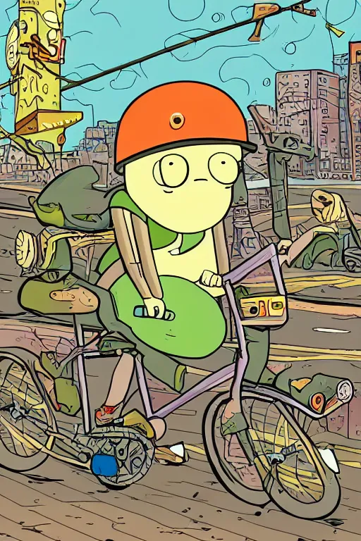 Prompt: illustration of an original character riding a bike in the big city, in the style of adventure time, by pendleton ward