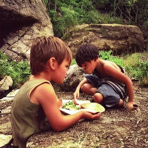 Image similar to “ kids in stone age looking for food, realistic ”