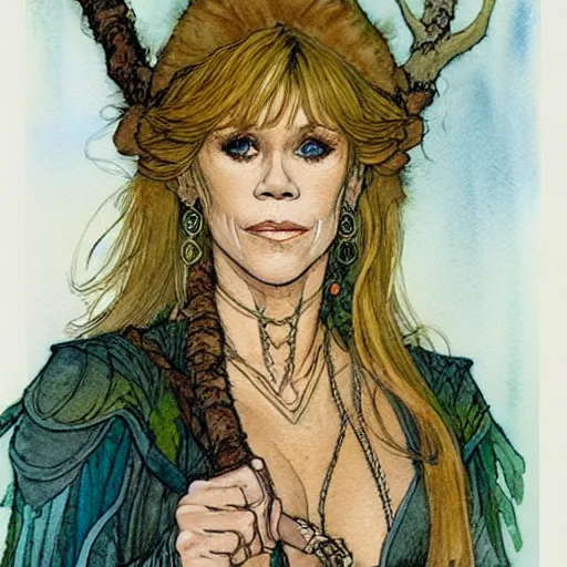 Image similar to a realistic and atmospheric watercolour fantasy character concept art portrait of jane fonda in her 2 0 s as a druidic warrior wizard looking at the camera with an intelligent gaze by rebecca guay, michael kaluta, charles vess and jean moebius giraud