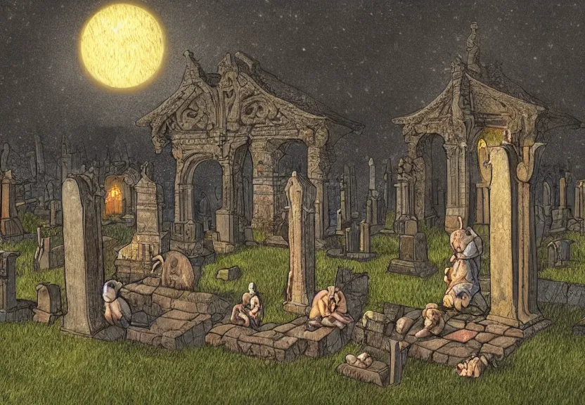 Image similar to monk possums at a medieval cemetery at night, highly detailed, digital art, isometric