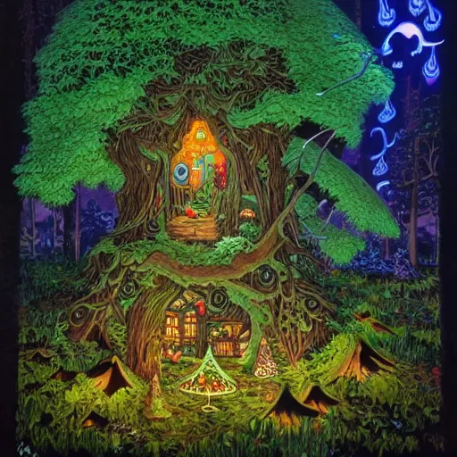 Image similar to acrylic painting, art in the style of Terry Moore, Moebius and Mohrbacher, a tiny village carved into the side of a tree, inhabited by elves and faeries, the outside lights are bioluminescent mushrooms and fungi intricately detailed