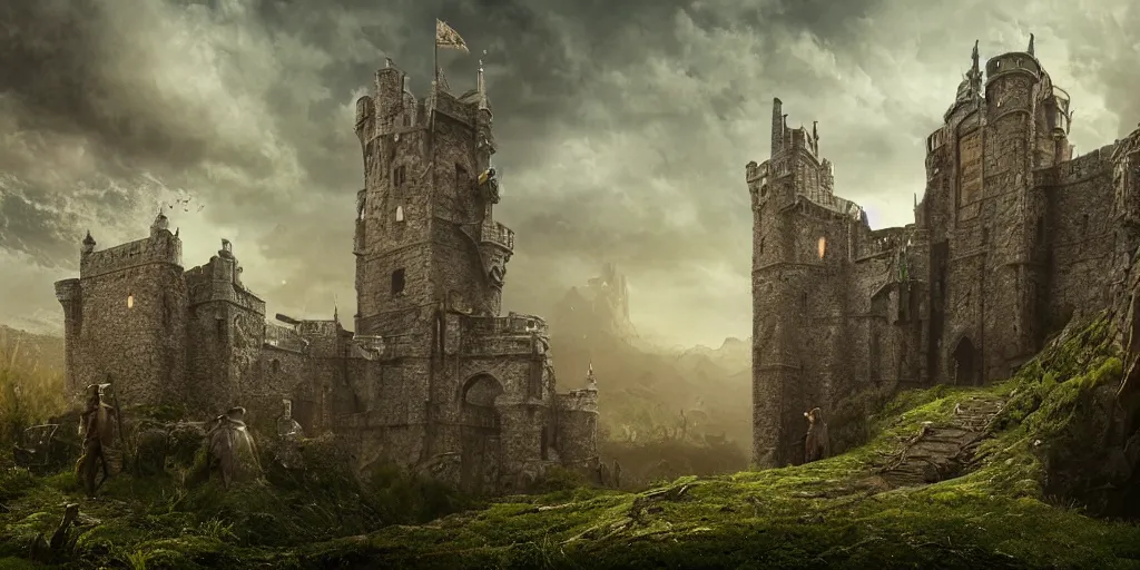 Prompt: matte painting, castle, dramatic landscape, overgrown, cinematic