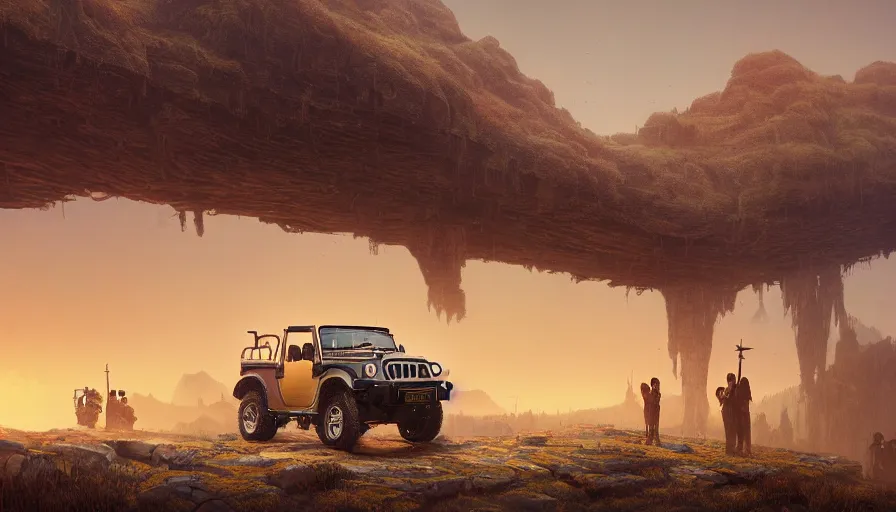 Image similar to Mahindra thar, tribe members watching nearby, an epic fantasy, dramatic lighting, cinematic, establishing shot, extremely high detail, photorealistic, cinematic lighting, artstation, by simon stalenhag, horizon forbidden west