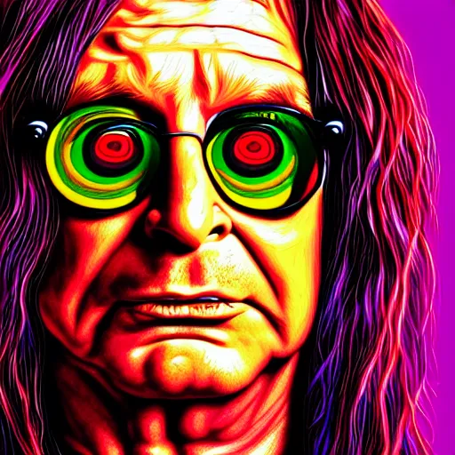 Image similar to An extremely psychedelic portrait of Ozzy Osbourne, surreal, LSD, face, detailed, intricate, elegant, lithe, highly detailed, digital painting, artstation, concept art, smooth, sharp focus, illustration