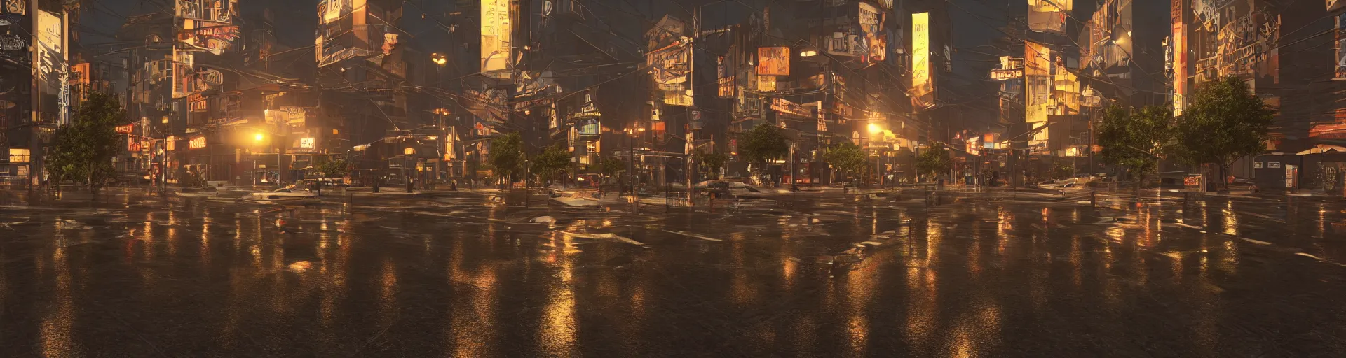 Image similar to raytracing night time city, lots of rain, realistic