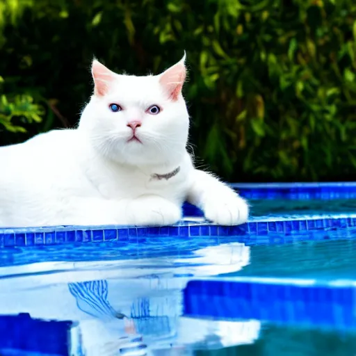 Image similar to white cat with blue eyes on a float in the pool