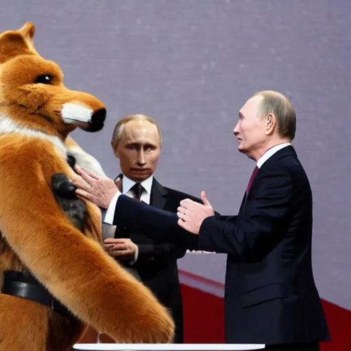 Prompt: Vladimir Putin swearing fealty to a council of furries