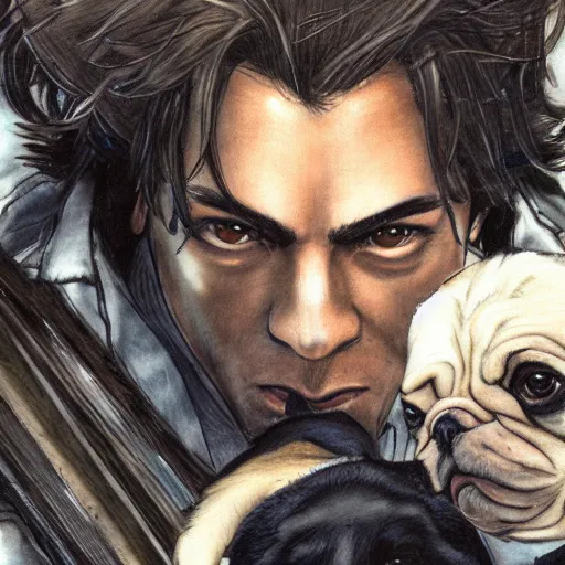 Image similar to self portrait, young white hispanic handsome man with short light brown hair and light skin and a 5 o clock shadow and holding a pug while fighting against 2 swordsmen pencil art, added detail, high definiton, colored, backfacing, illustrated by yoji shinkawa