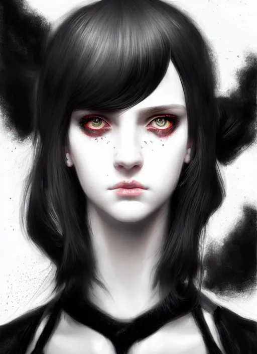 Prompt: portrait of white teenage girl, normal face, black bangs, mall goth, cyberlox, black and white hair, bangs, fluffy bangs, intricate, elegant, highly detailed, digital painting, artstation, concept art, sharp focus, smooth, illustration, art by wlop, mars ravelo and greg rutkowski