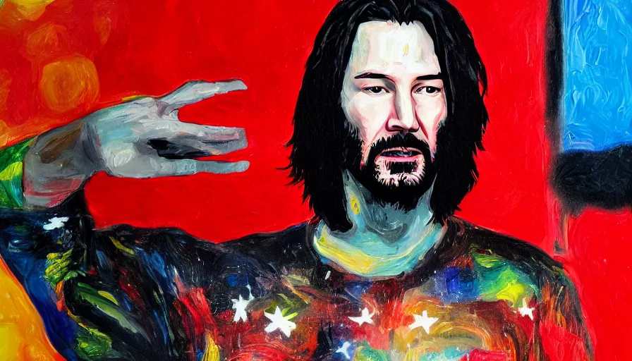 Prompt: portrait of Keanu reeves floating in space with a distressed look on his face, acrylic paint on canvas,