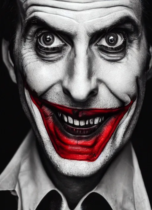 Image similar to photo of David Tennant as the Joker by Lee Jeffries and Eolo Perfido, big smile, head shot, detailed, award winning, Sony a7R