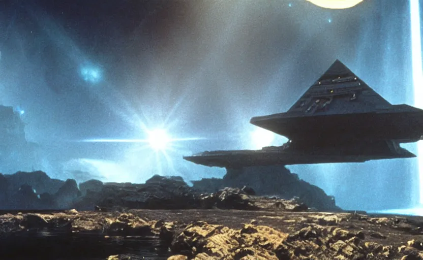 Image similar to iconic cinematic screen shot of star destroyer waterfall canyon planet, from the action packed scene from the 8 0 s star wars sci fi film by stanley kubrick, glowing lasers, kodak film stock, anamorphic lenses 2 4 mm, lens flare, award winning