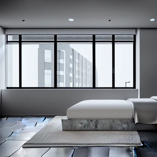 Prompt: brutalist bedroom, big windows, minimalist architecture, minimalist furniture, octane render, high quality, 8 k, post production