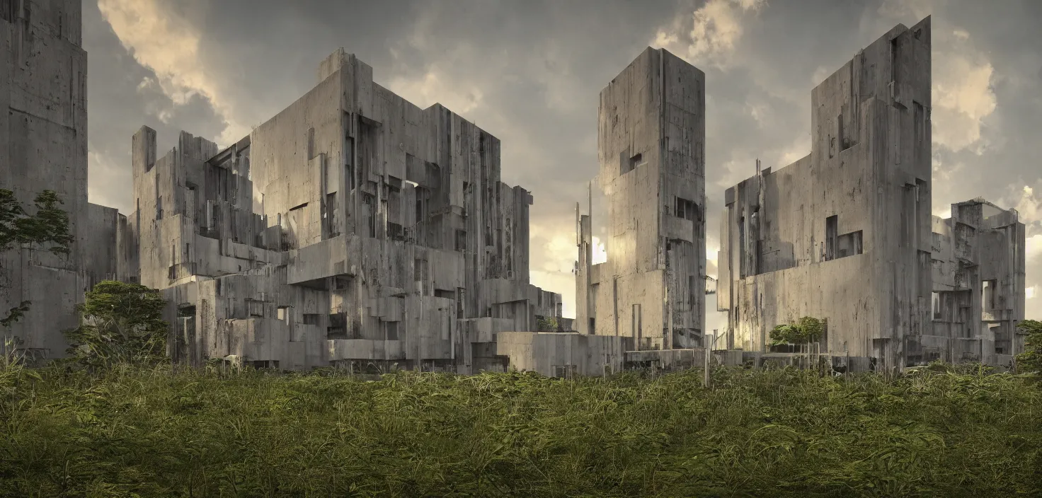 Image similar to an extremely detailed cathedral of brutalist architecture by Le Corbusier, surrounded by lush green vegetation, stunning volumetric lighting, sunset, rusted metal, concrete, translucent material, stunning skies, scattered rubbish and debris, 8k, photorealistic, hyper detailed, unreal engine 5, IMAX quality, cinematic, epic lighting, digital painting in the style of DOOM and Quake, by Greg Rutkowski, trending on Artstation