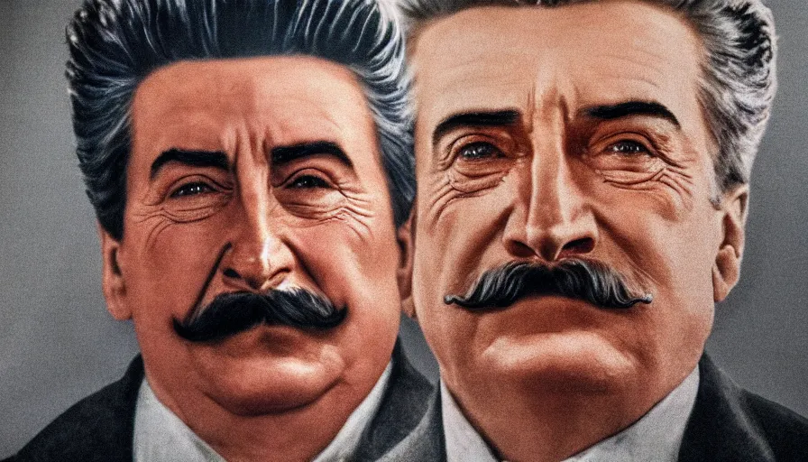 Image similar to hyper-realistic and anamorphic 2010s movie still close-up portrait of Josef Stalin, by Paolo Sorrentino, Leica SL2 50mm, beautiful color, high quality, high textured, detailed face