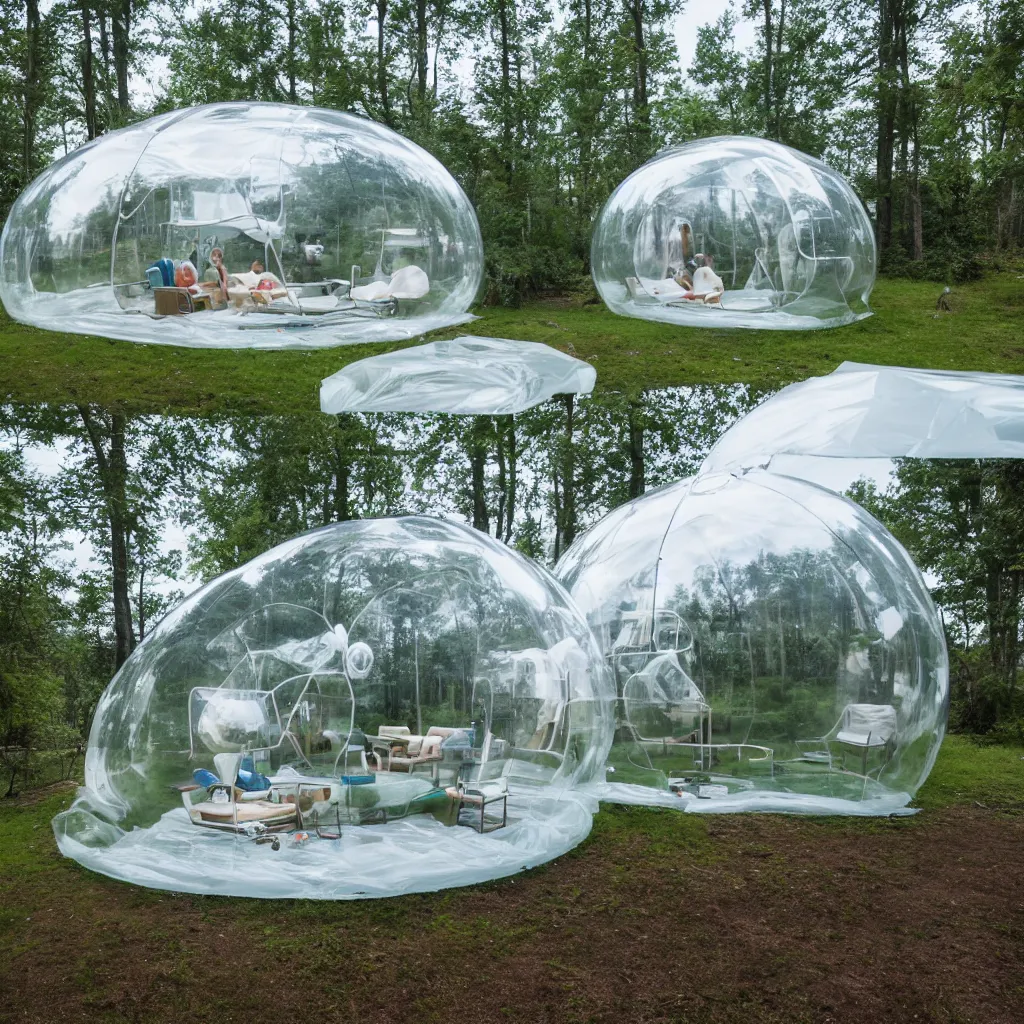 Image similar to an inflatable house made of clear plastic sheeting. The house is made of 3 inflated bubbles. The inflated house sits in a lake on the edge of a forest. A family is living inside the bubble house and it is furnished with contemporary furniture and art. ultra wide shot, coronarender, 8k, photorealistic