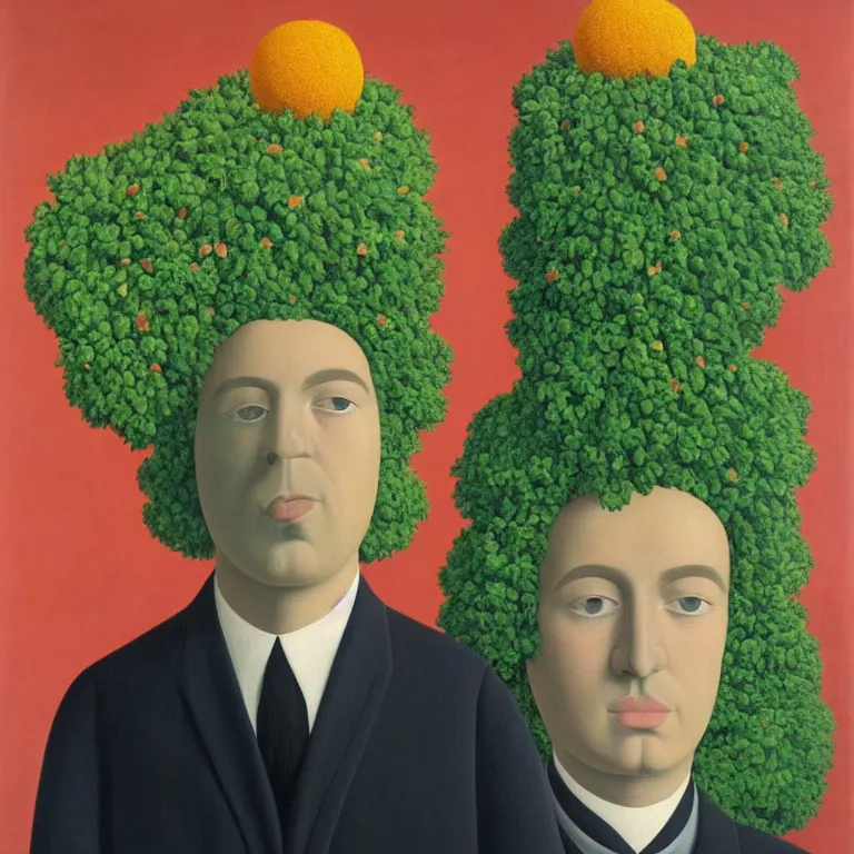 Image similar to portrait of a flower - head man by rene magritte, detailed painting, distance, centered, hd, hq, high resolution, high detail, 4 k, 8 k