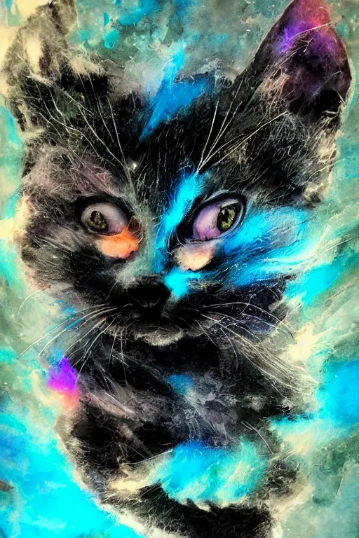 Prompt: ink acid shadow kitten, painted by erol otus and david thierree and dan adkins and john berkey, trending on artstation, volumetric lighting macro view muted colors, iridescent colors, dark academia, symbolism, brushwork